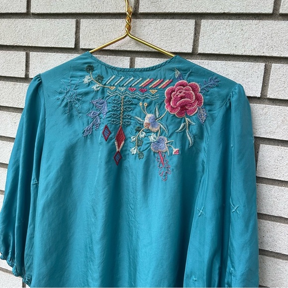 Johnny Was Workshop Taryn Flowy Tassel Silk Blouse Sea Stone Boho Chic - Picture 11 of 14